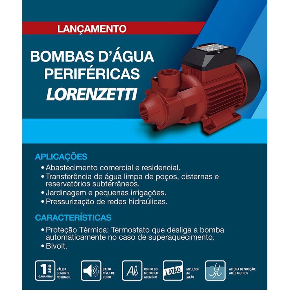 Bomba Periférica BPL35 1/2cv Bivolt Lorenzetti - Carrapeta